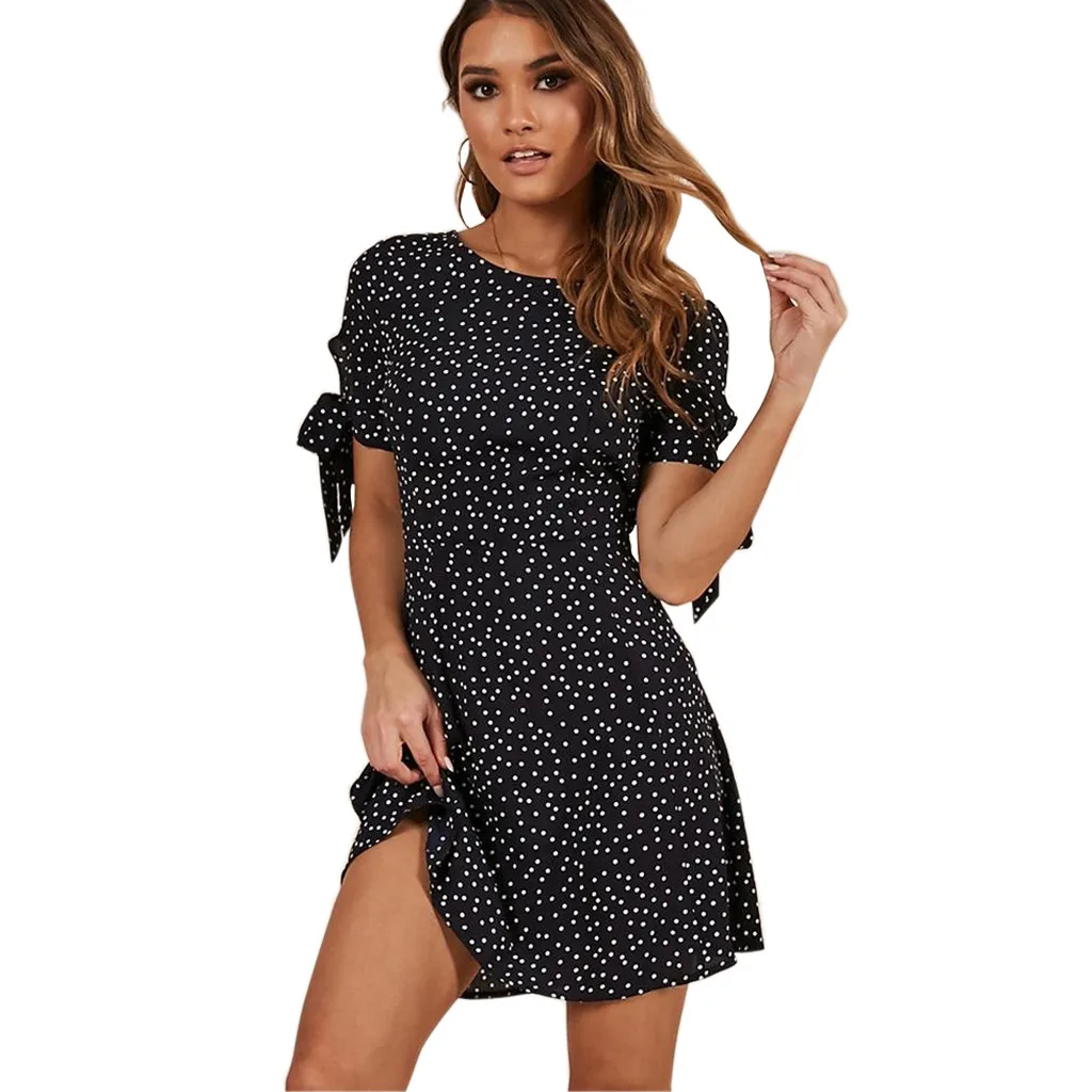 

Summer Women Dress Summer Dot Print Short Sleeve Ruffles A-Line Lace-up Casual Mini Dresses Party Night Dress Women Sommerkleid