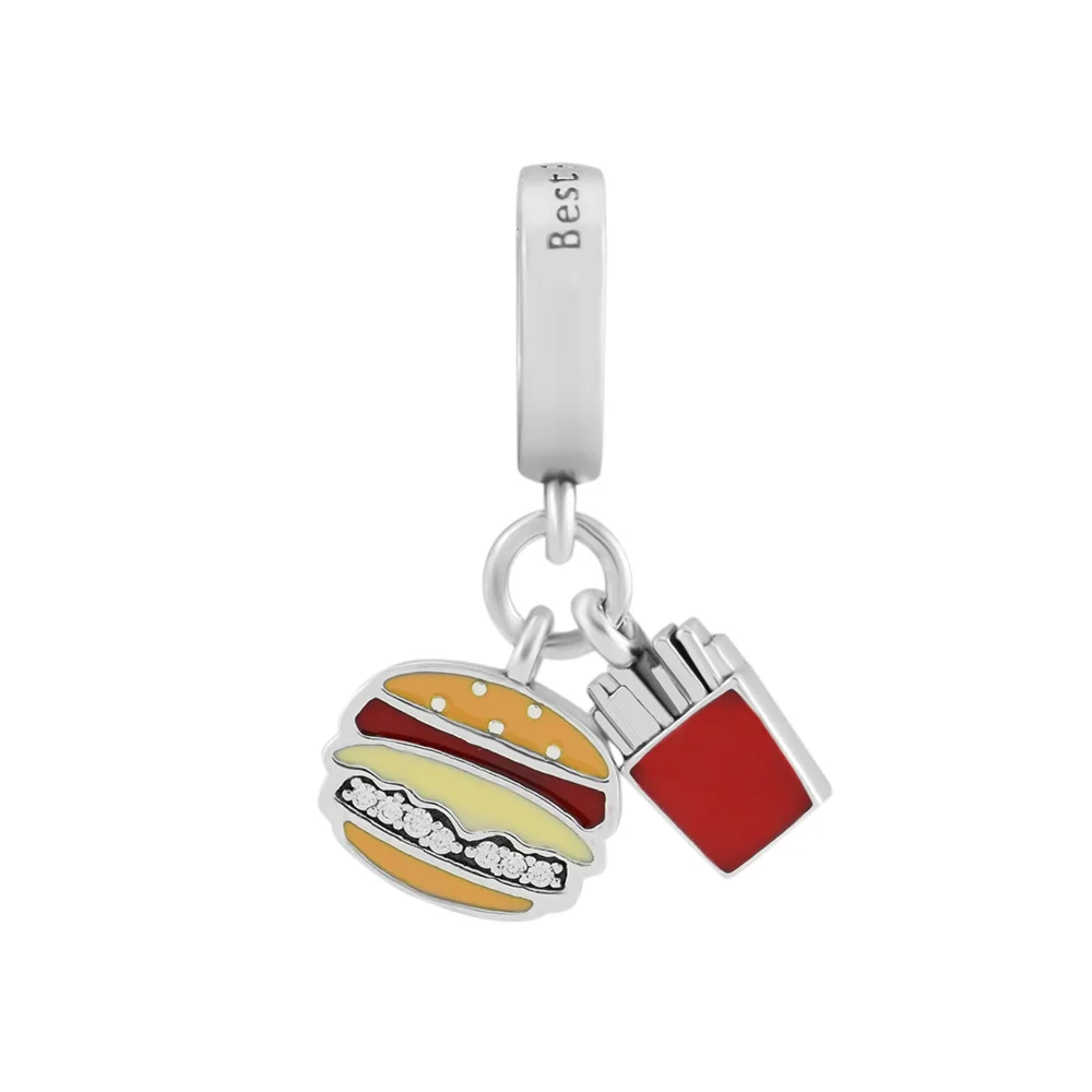 

Fits Pandora Bracelet Charms Authentic 925 Sterling Silver Enamel Burger and Fries Dangle beads DIY Women Jewelry Accessories