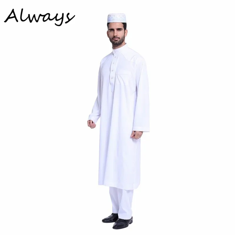 Muslim Men White Long Sleeve Thobe Dress Men Islamic Clothing Saudi Arab Moslim Jurk