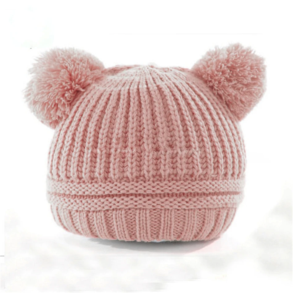 Зимние шапки с двумя помпонами для детей, милые детские шапки для мальчиков и девочек, теплая зимняя вязаная шапочка для новорожденного