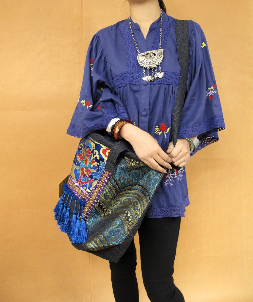 Горячая Распродажа Наси. Хани обувь ручной работы в этническом стиле, сумки через плечо, с вышивкой Винтаж синий из джинсовой ткани с бахромой для девочек крупная, повседневные сумки-мессенджеры