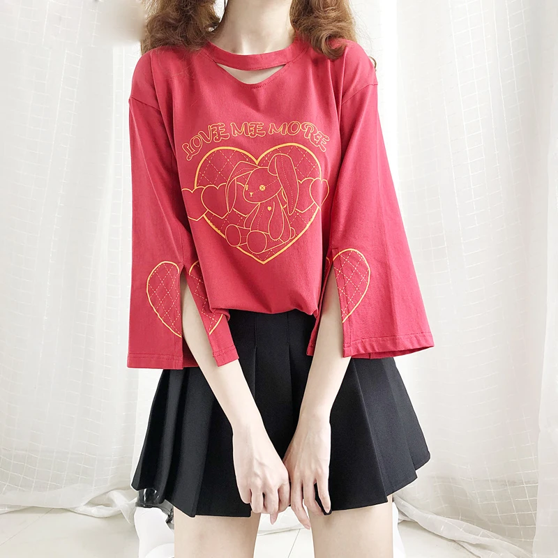 

Japanese Lolita Harajuku Anime Rabbit Graphic Punk Hollow Out T-shirt Female Gothic Loose Split Seven Sleeves Tops Tee Shirts
