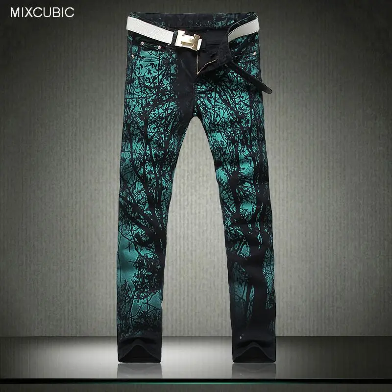 

MIXCUBIC spring Europe Style Unique forest printed jeans men green casual slim Branches printing washed jeans men,size 28-38