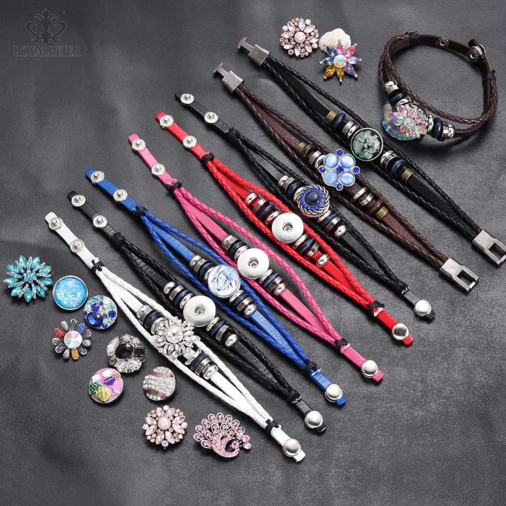 

ROYALBEIER 1pc New Snap Leather Bracelet With 18MM Snap Buttons Retro Handmade Braided Leather Cuff Bracelets&Bangles Jewelry