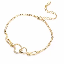 Chapeamento de ouro corrente de aço inoxidável feminino oco amor coração com crsytal ajustável praia pé perna pulseira tornozeleira jóias