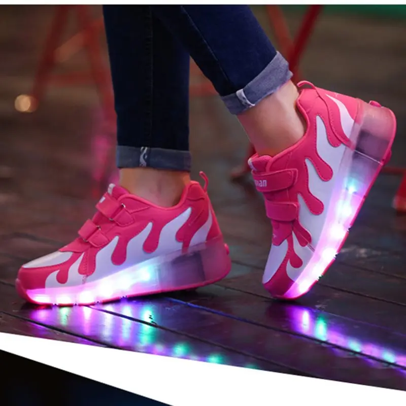 Детские светящиеся кроссовки; Детские кроссовки с колесами; детская обувь; дышащая обувь для мальчиков и девочек; детская обувь для катания на роликах с колесами - Цвет: huoyan pink