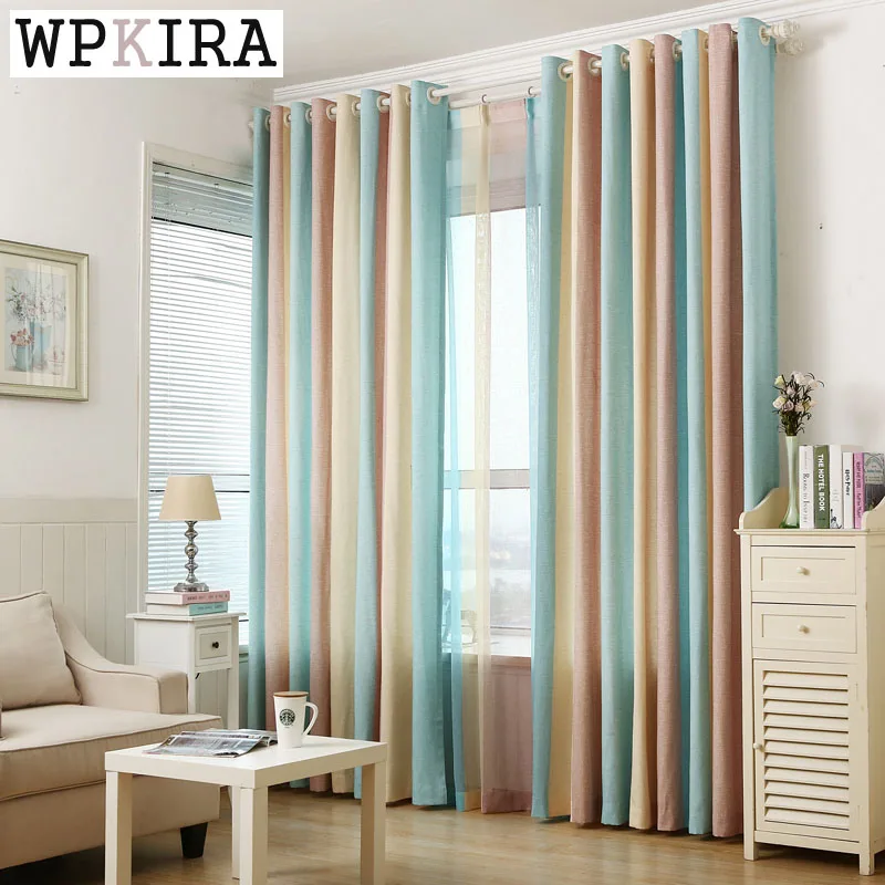 

300cm high blue yellow striped linen blinds modern pinch pleat curtains blackout curtain tulle for living room bedroom 391&30