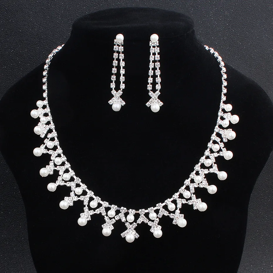 

Bridal Jewelry Sets Luxury Dubai Jewelrys Sets Pearl Crystal Necklace Earrings Two-piece Fashion Wedding Accessories