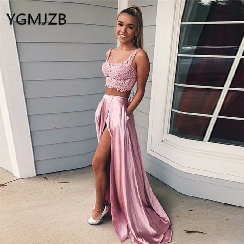 

Sexy High Slit Long Evening Dresses With Pockets A-Line Beaded Lace Satin 2 Pieces Prom Gown 2019 Women Formal Prom Party Dress
