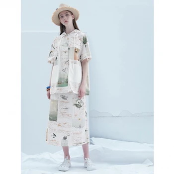 

IRINAY127 2019 Spring Summer Collection original design printed cotton shirt and skirt long two piece set dress women
