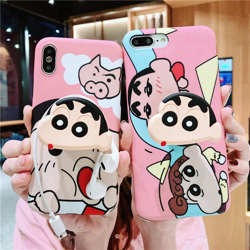 

Hot Cartoon Crayon Shinchan Pink Cute Pig + Extension Bracket Silicone cover case for iphone 6 7 8 plus X XR XS MAX phone cases
