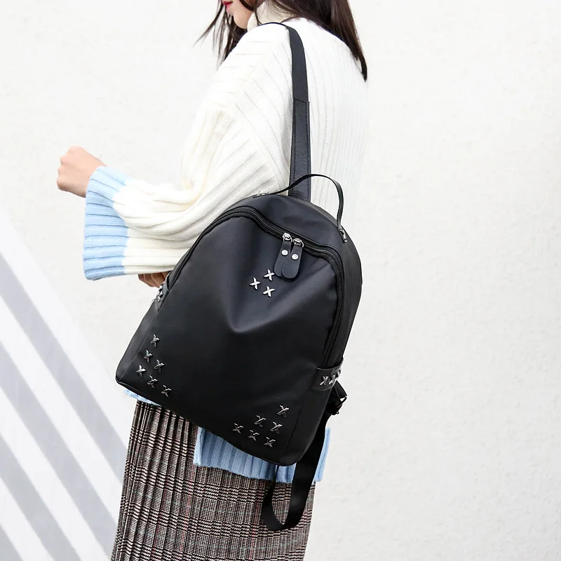 Korean Women's Fashion Simple Rivet Backpack, New Trendy Nylon Oxford
