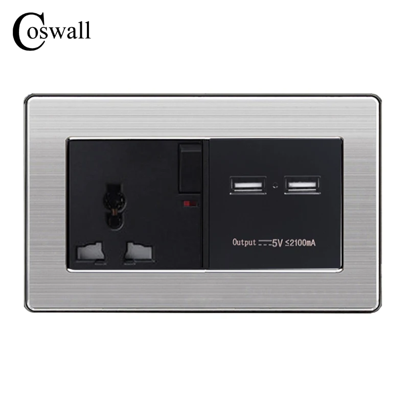

COSWALL Wall Socket Universal 3 Hole Power Outlet Switched With Dual USB Charge Port For Mobile 5V 2.1A Stainless Steel Panel