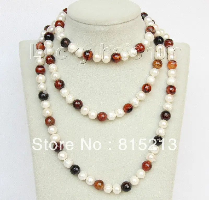 

FREE SHIPPING>>>@@ > N1309 length 47" 11mm baroque near round white pearls agate necklace