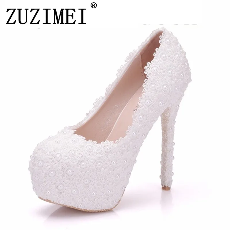 

Pearl Lace White Wedding Shoes Women Party Sexy High Heels Platform Pumps Bridal Shoes