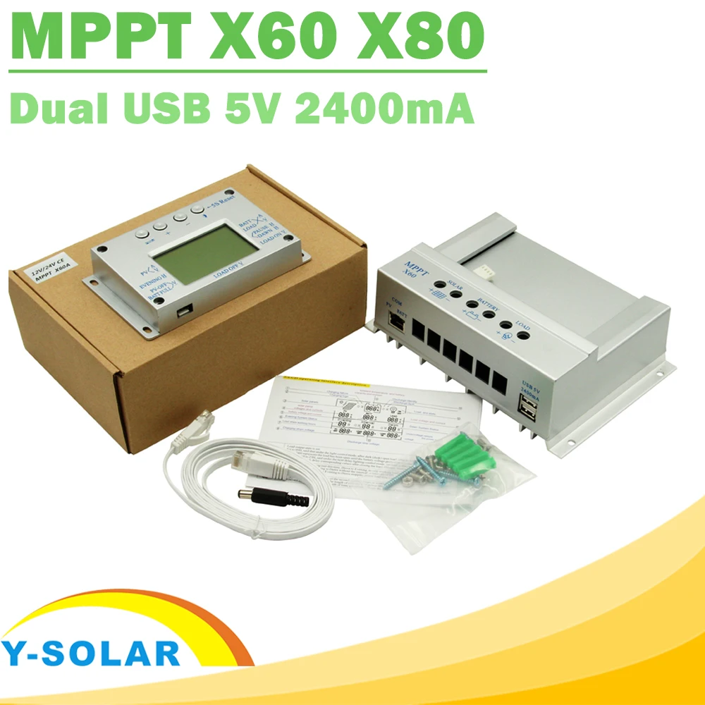 US $56.40 YSOLAR Solar Charge Controller MPPT 60A 80A 12V 24V Auto Big LCD Display with 2m Cable Regulated Power Supply Solar Charger USB
