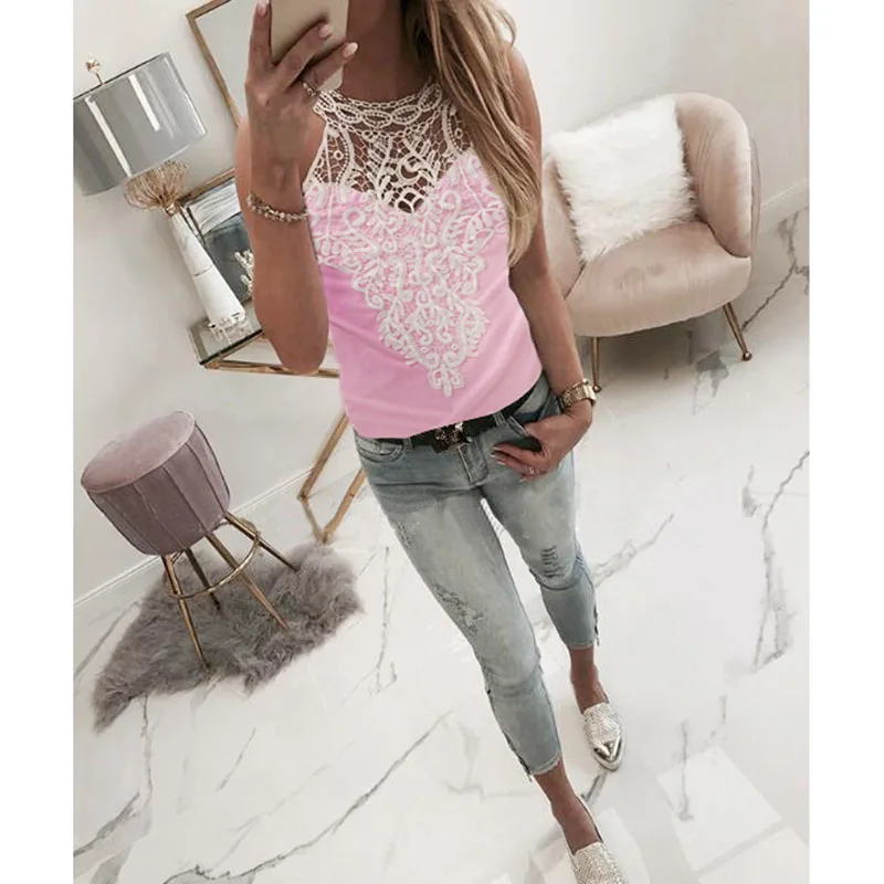 

Women Clothing Summer Sexy Sleeveless O Neck Hollow Out Sexy Solid Blouse Office Ladies Slim Lace Patchwork Casual Shirt SJ2790M