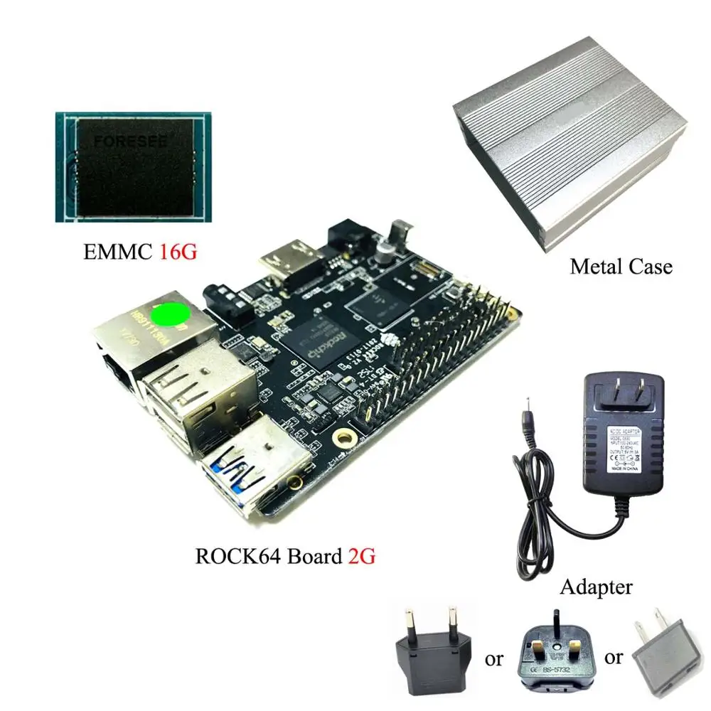 ROCK64 PINE64 ТВ-приставка Android Linux медиа-макетная плата+ 1 ГБ/2 ГБ/4 ГБ LPDDR3+ 16 GB/32/64 Гб памяти на носителе EMMC+ металлический чехол+ 5V 3A адаптер переменного тока - Цвет: Kit 4