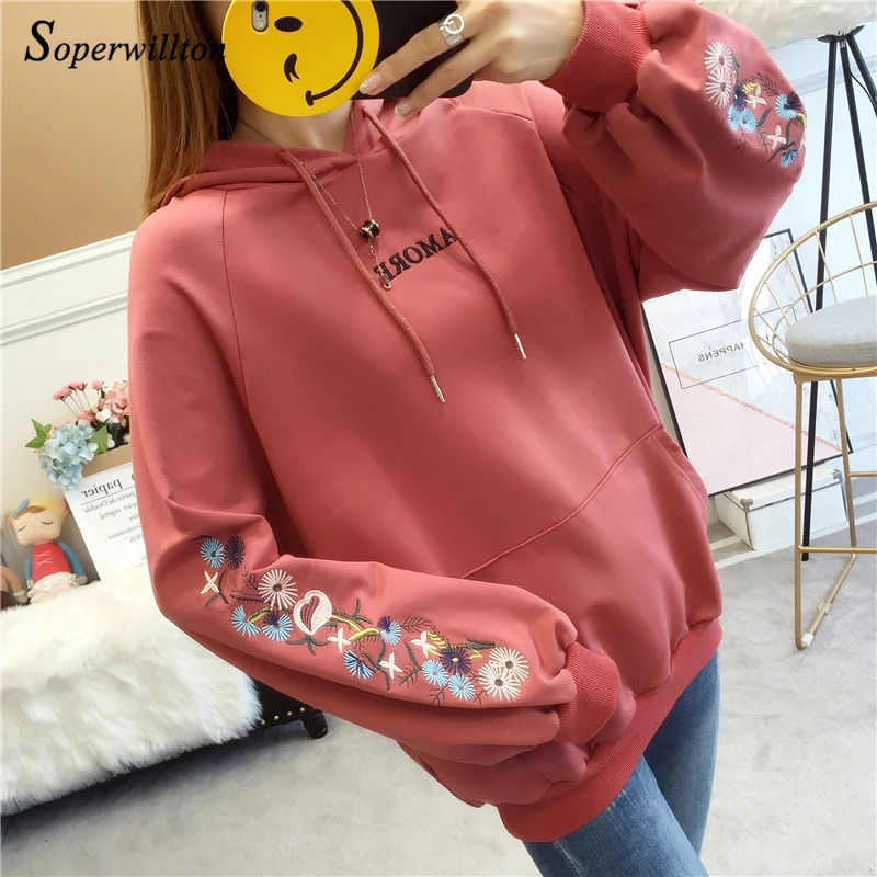 

Embroidery Hoodies Women's Sweatshirt Long Sleeve Black White Pullovers Tops Women 2019 Fall Winter Fashion Woman Hooded letter