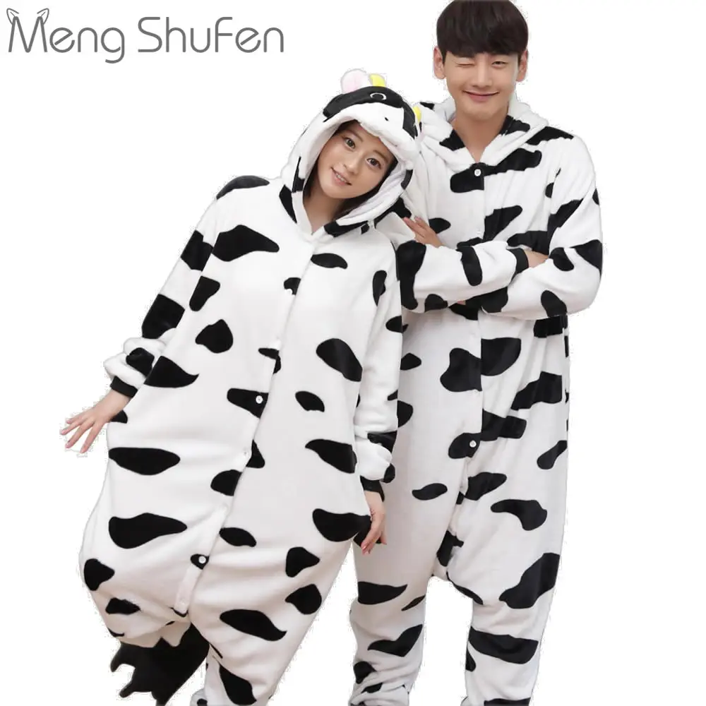 2017 Unisex Adult Dairy cow Pajamas Sets Cosplay Costume Cute Cartoon Animal Sleepwear Winter Autumn Onesie For Women Men Girls