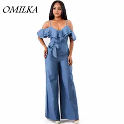 Omilka широкие брюки Комбинезоны для женщин 2018 Лето Для женщин с плеча рюшами Джинсы для женщин Комбинезоны для малышек и Комбинезоны для