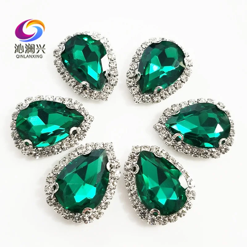 

Top grade Silver bottom Glass Crystal buckle,malachite green Drop shape sew on rhinestones with holes,Diy/wedding decoration
