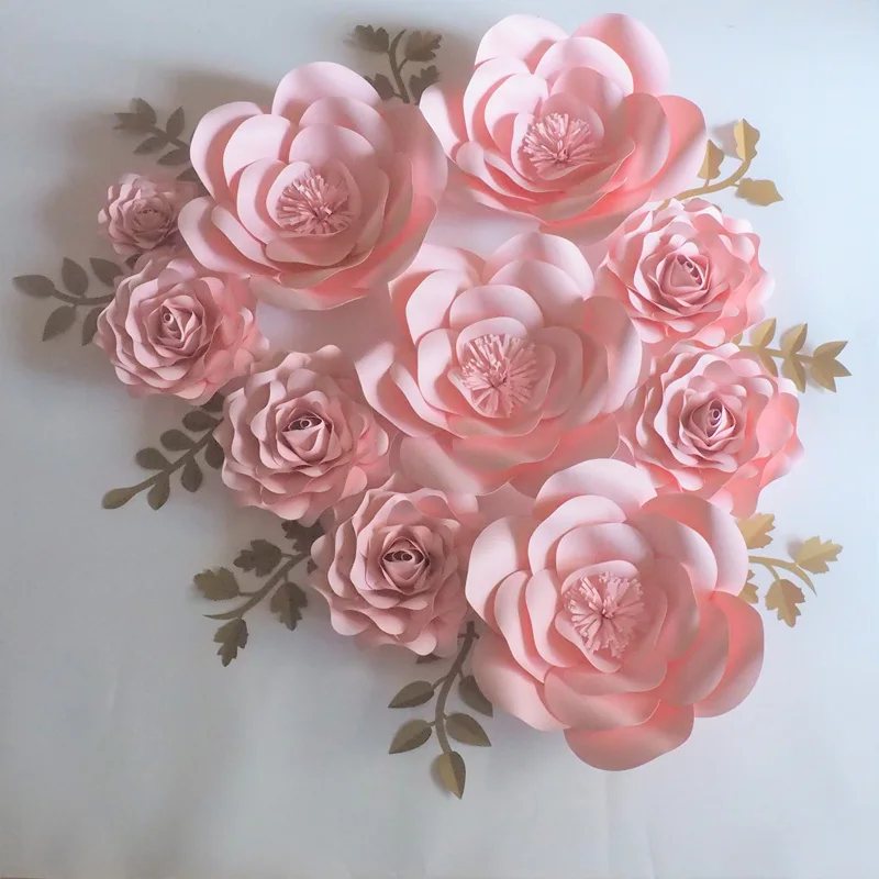 us 135 15 15 off 2018 baby pink rose giant paper flowers backdrop 10pcs gold leaves 9pcs for wedding event baby nursery baby shower artificial in paper flower giant