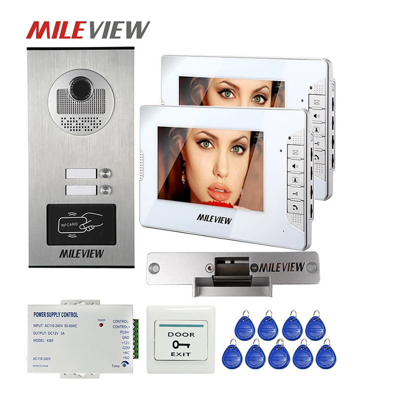 

7" LCD Video Door Phone Intercom System 2 Monitors + RFID Access Door Camera for 2 Apartment Strike Electric Lock FREE SHIPPING