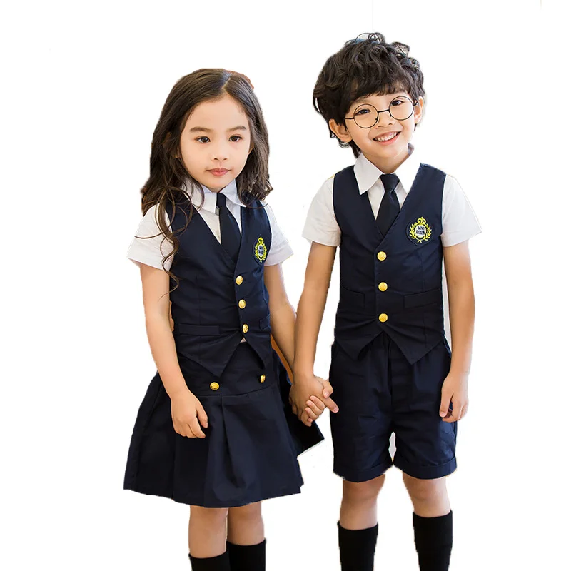 

Children Summer School Uniform Clothing Sets Boys Girls Students Vest Shirts Skirts/shorts tie Outfits Kids Performance Costume