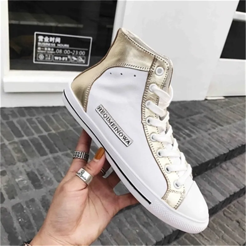 

2018 new leather canvas shoes high help shoes wild lace flat shoes