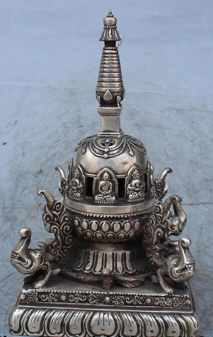 

10" Buddhism Silver Shakyamuni Dragon Elephant Buddha Stupa Pagoda Tower Statue S0708