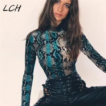 

long sleeve green snakeskin grain bodycon sexy high neck bodysuits 2019 winter women street fashion body