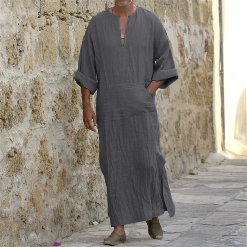 Мусульманские мужчины длинный халат абайя, арабское кафтан короткий рукав карман Саудовской Аравии ТОБ Исламская одежда мужчины Пакистан Тобе мужское платье