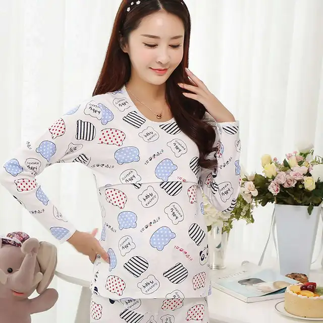 2PC Cotton Nursing Pajamas Set Adjustable Maternity Nursing Sleepwear