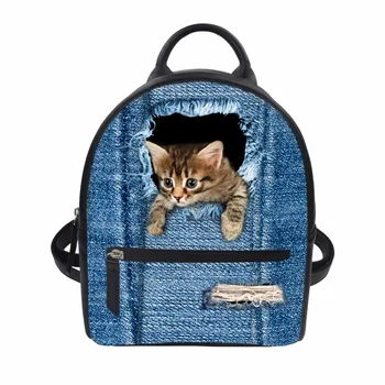 

FORUDESIGNS Classic Denim Cat Printed Backpack Small High Quality PU Leather School Bags For Teenagers Women Mochilas mujer