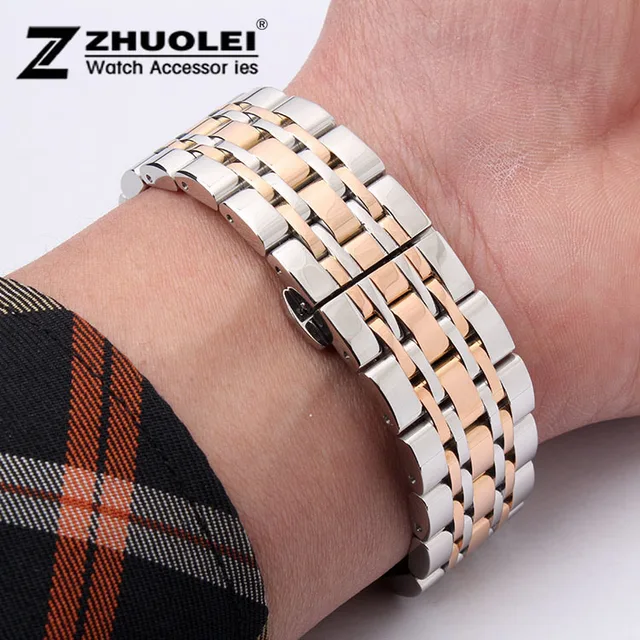 Watch Band 22mm New High Quality Silver With Rose Gold Stainless Watch Band 22mm New High Quality Silver With Rose Gold Stainless Steel Deployment Watchbands Strap Bracelets