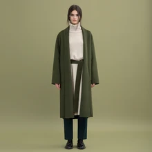 Сезон осень-зима; в простом стиле с поясом в стиле халат длинные ручной двусторонний шерстяное пальто для женщин