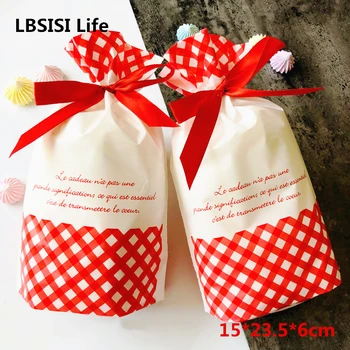 

LBSISI Life 50pcs Plastic Drawstring Bag Red Lattice Wedding Cookie Snack Candy Bag DIY Party Festival Decor Gift Bags