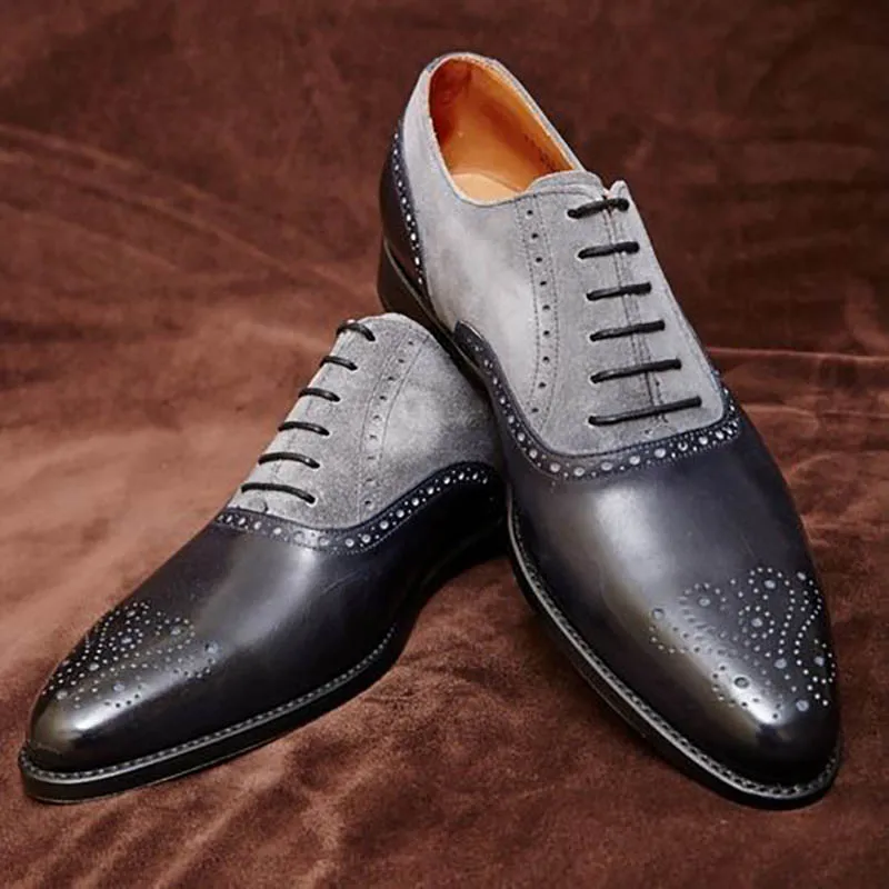 Masorini/Мужские модельные туфли с острым носком; модельные Кожаные Туфли-оксфорды ручной работы; мужская деловая обувь; BRM-080 - Цвет: Black Grey