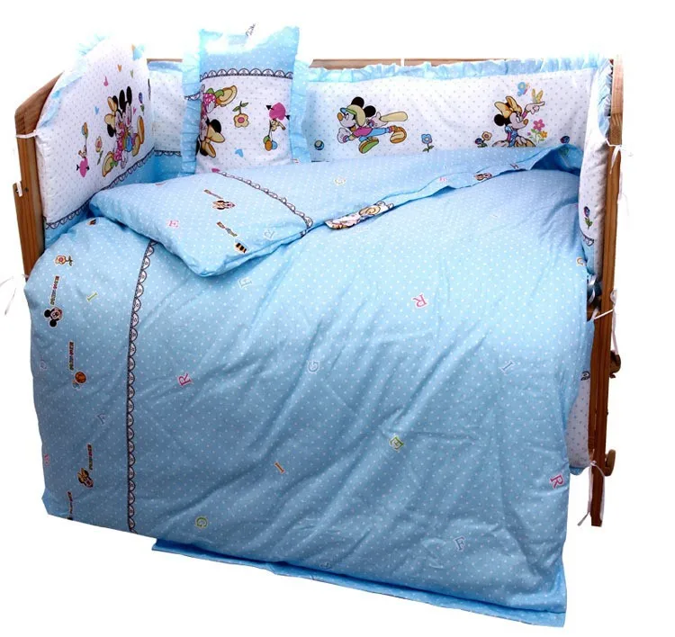 Promotion! 10PCS Mickey Mouse Baby crib bedding set bed linen cotton bedclothes bed decoration (bumpers+matress+pillow+duvet)