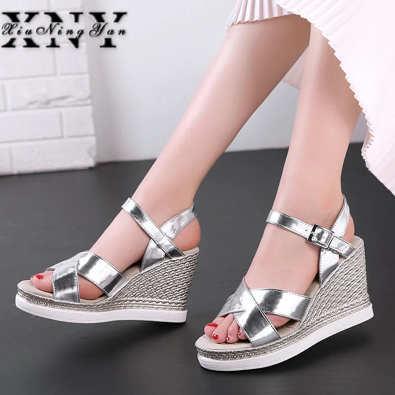 

Women Sandals 2019 New Female Shoe Woman Summer Wedge Comfortable Sandals Ladies Buckle Flat Sandals Women Sandalias Gold Silver