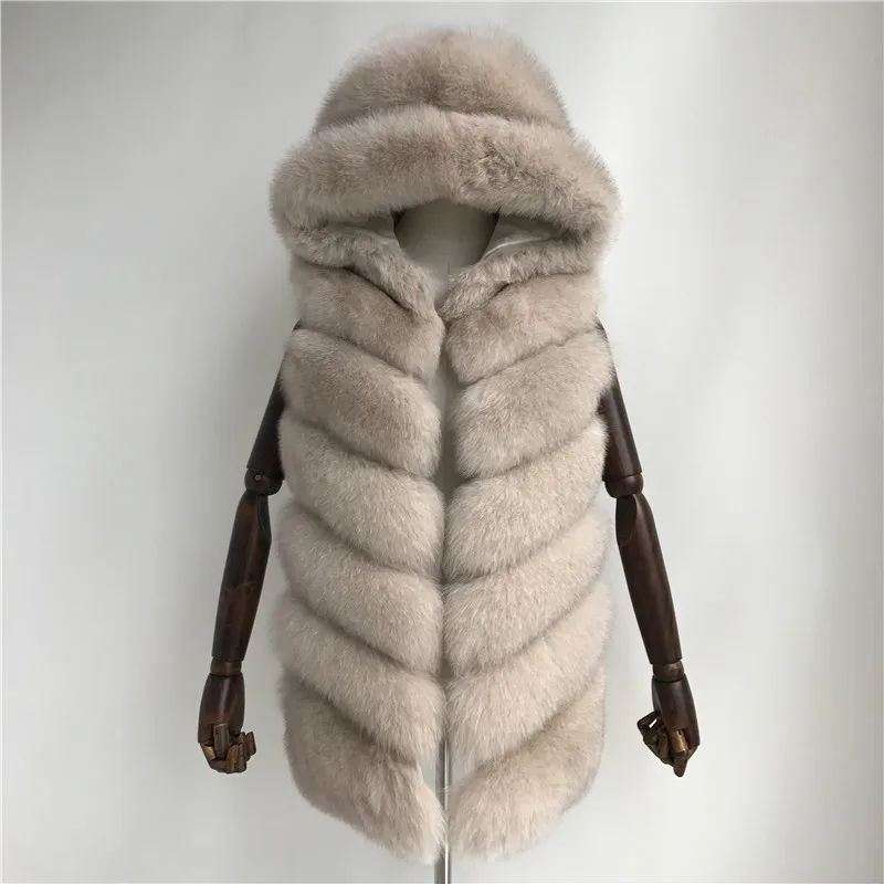 Жилет с капюшоном из натурального меха, женский зимний жилет из лисьего меха, полосатый меховой жилет с капюшоном, Женское пальто без рукавов, зимняя куртка