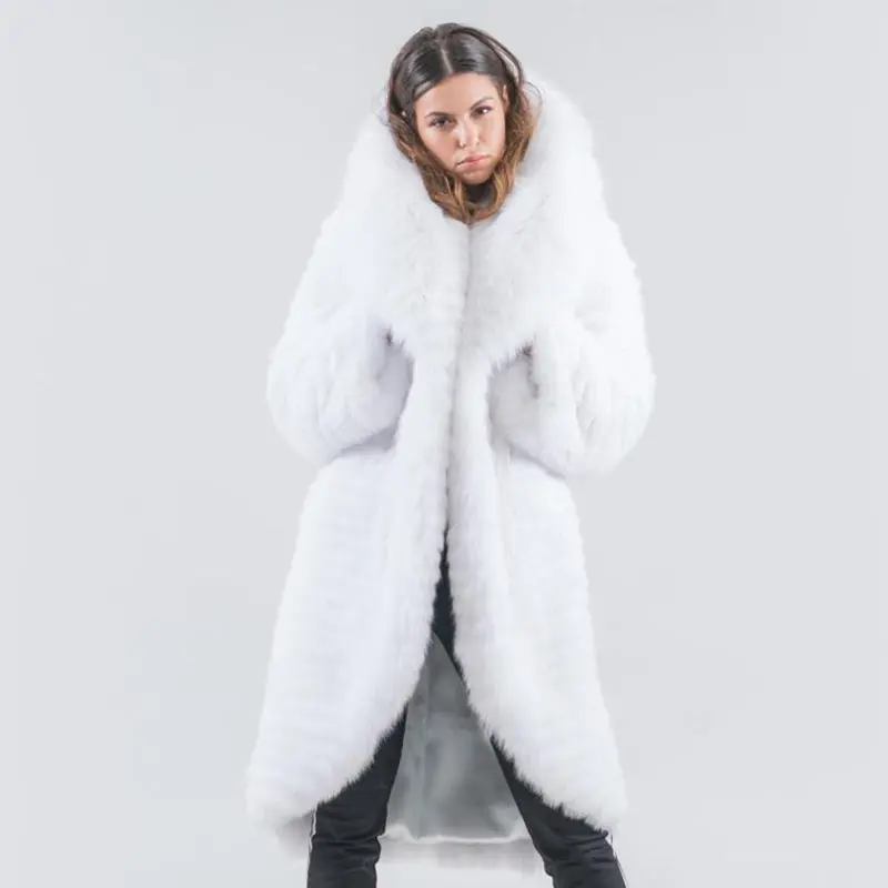 2019 New Style Luxury Real White Fox Fur Coat Big Collar Warm Thick For