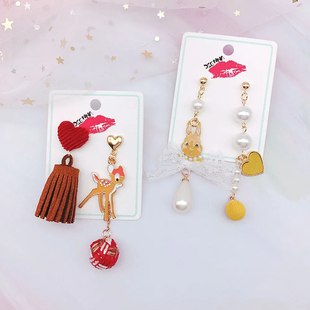 

Japan's style Rabbit Lace Bow Knot Earrings Heart Charm Deer Cute Cartoon Anime Asymmetric earring