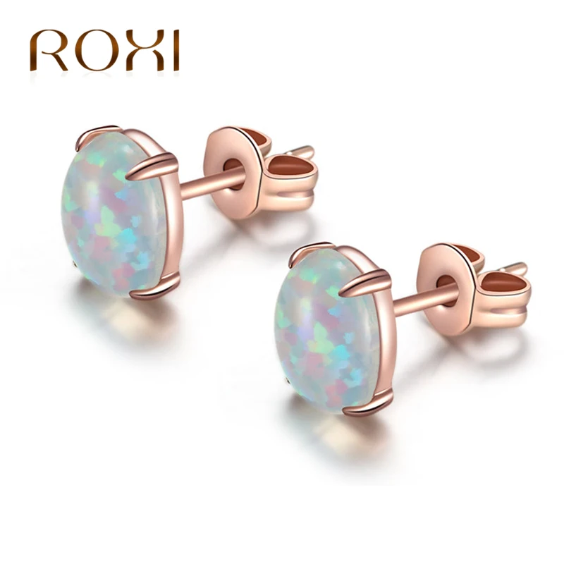 

ROXI 6*8 MM Oval Colorful/Blue Fire Opal Stud Earrings For Women White /Rose Gold Jewelry Cute Earrings Ear boucle d'oreille