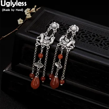 

Uglyless Asian Traditional Ethnic Birds Earrings for Women Handmade Solid 925 Silver Lotus Earrings Agate Magnolia Jewelry Pearl