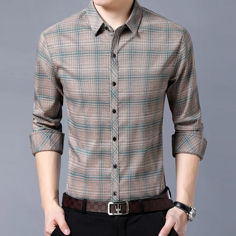 Модная элегантная Высококачественная известная брендовая Новая мужская хлопковая рубашка Повседневная Тонкая Клетчатая Рубашка с длинными рукавами тонкая рубашка с отворотом