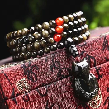 

Wholesale Black Gold Natural Obsidian Bracelet Round Bead Fox Bracelets Lucky for Men Women Energy stone Help marriage Jewelry