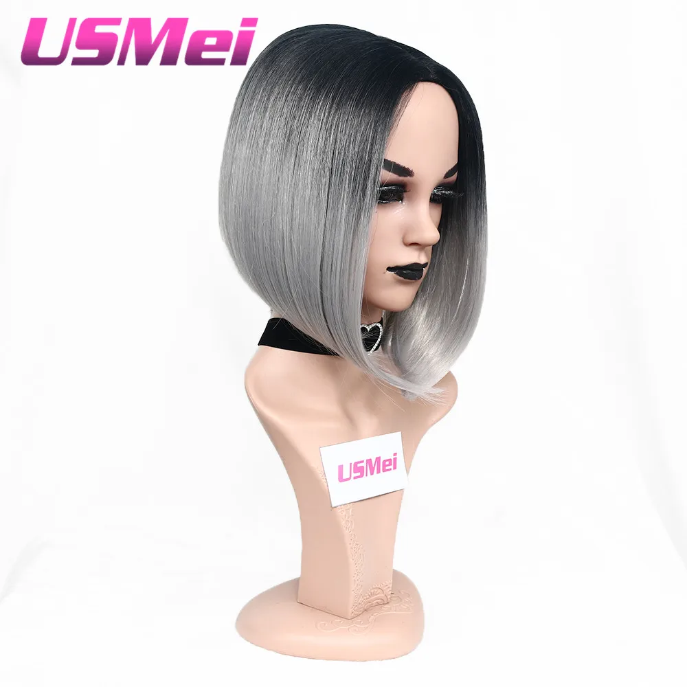 USMEI 14 дюймов Ombre черный серый парики для женщин два тона синтетический черный корень прямой парик короткий Косплей прическа волос