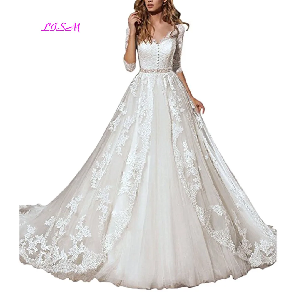 

Vintage Lace Long Princess Wedding Dresses Half Sleeves Bow Belt Tulle Bridal Dress V-Neck Beaded Sheer Back vestido de noiva
